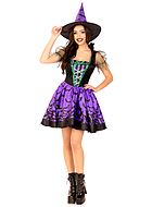 Witch, costume dress, crossing straps, puff sleeves, bats